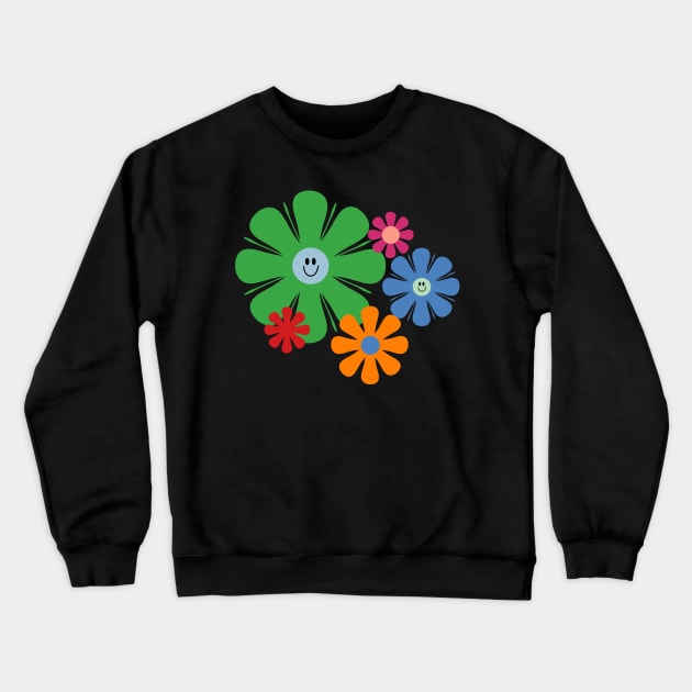 Happy Retro Flowers 60s 70s Smiley Face Vintage Floral Crewneck Sweatshirt by KierkegaardDesignStudio